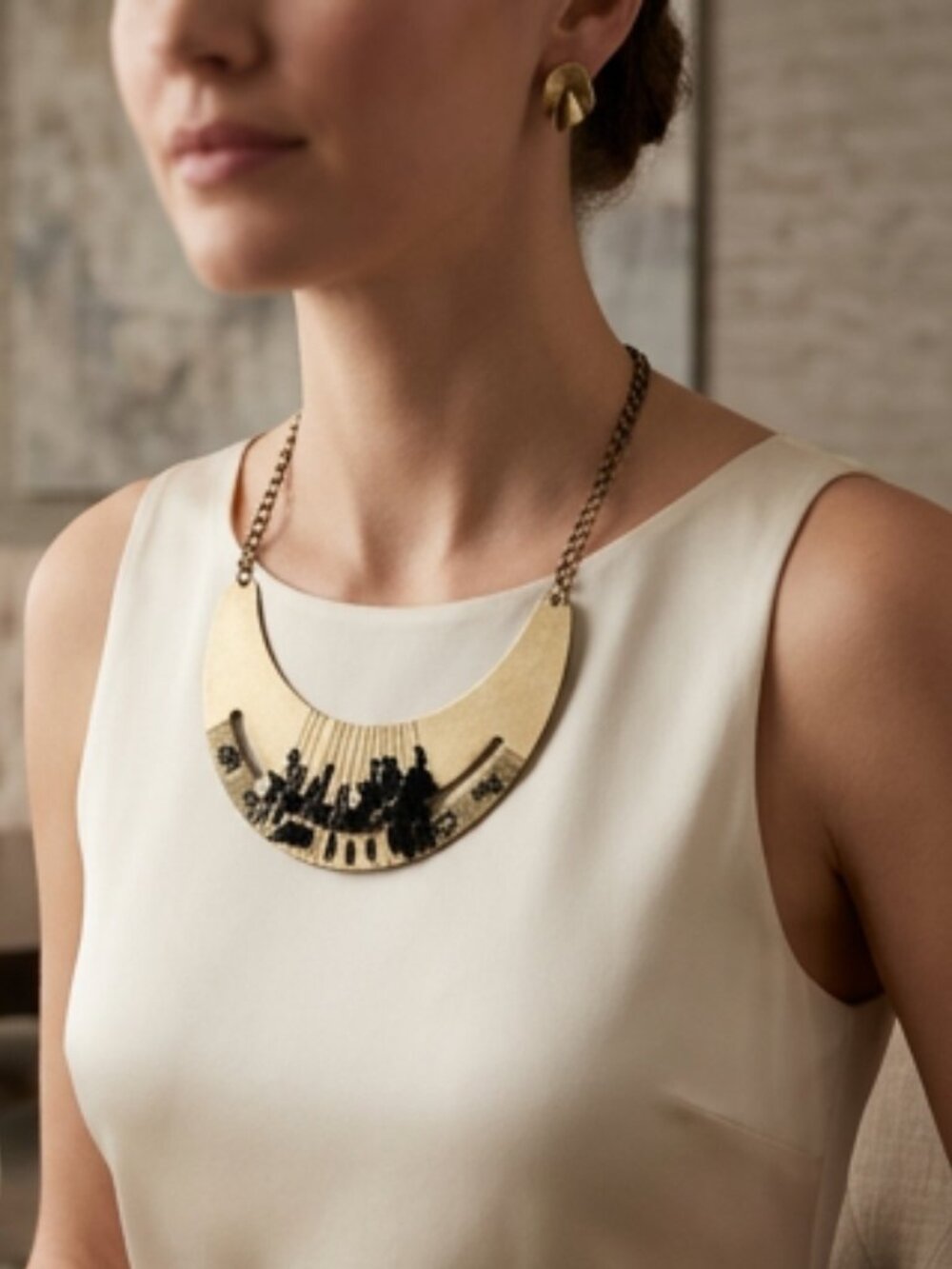NEW Women Gold Metal Chain Black Bead Crescent Bib Short Necklace Earrings Set